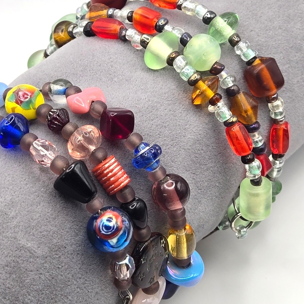 Set of 2 Multi Color Glass‎ Bead Memory Wire Wrap Bracelets Boho Eclectic Style